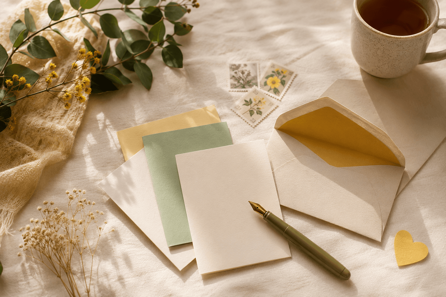 Blanco wenskaarten, een envelop, postzegels en een vulpen