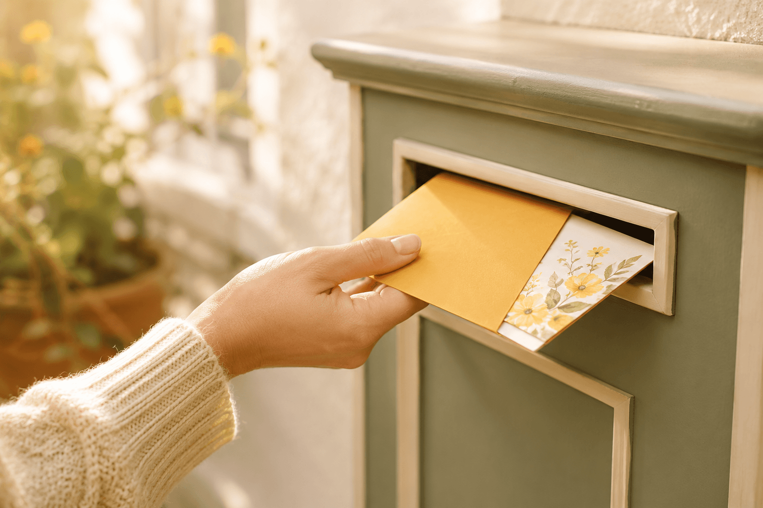 Een hand die een gele envelop met een bloemenkaart in een brievenbus doet